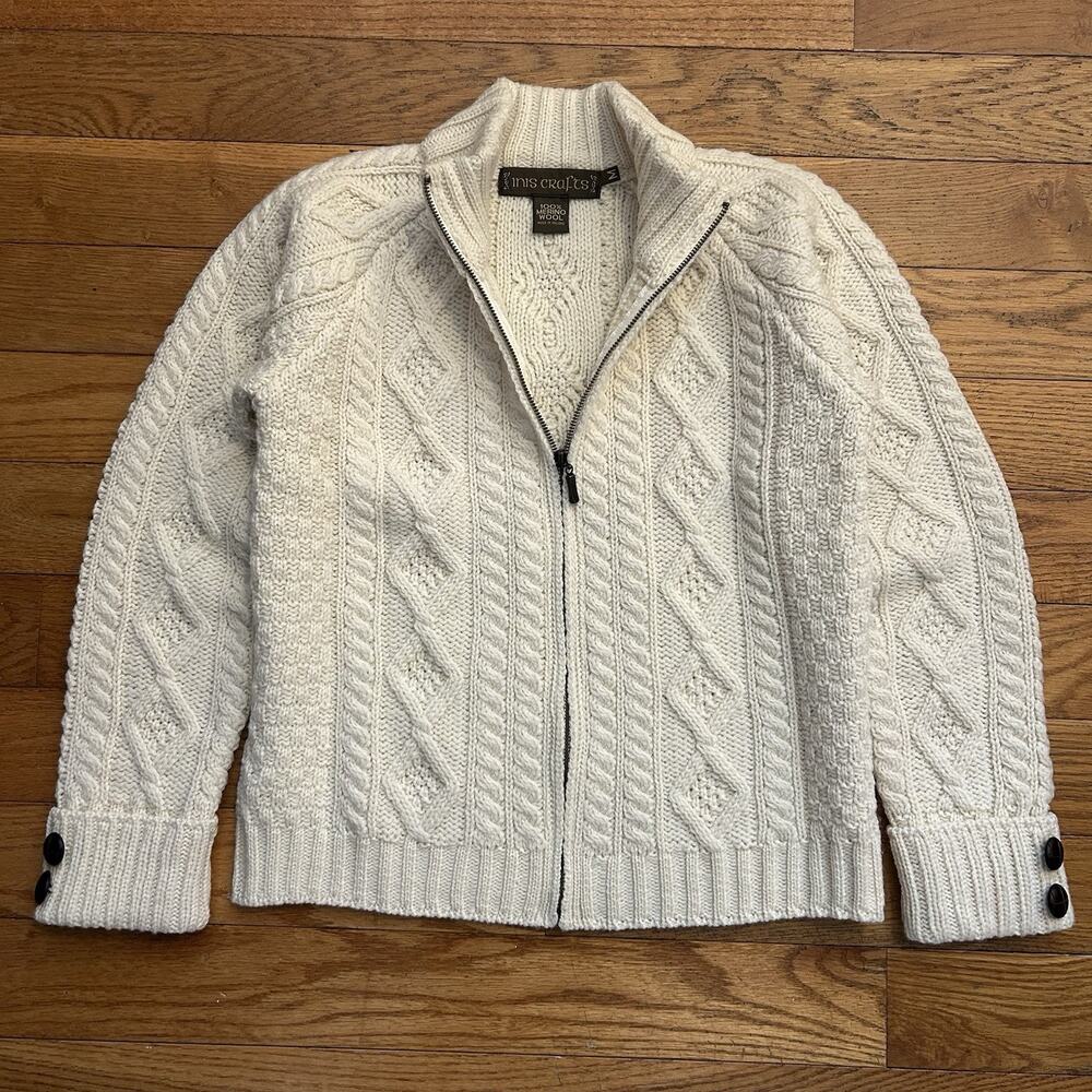 Inis Crafts Merino Wool Cable Knit Aran Full Zip Cardigan Sweater Medium